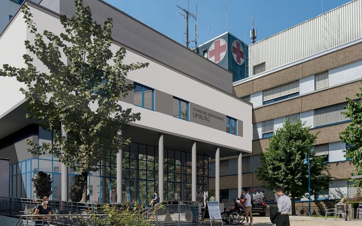 Visualisierung des geplanten Hybrid-OPs am St. Vincenz-Krankenhaus Limburg mit moderner Architektur und Anbindung an den Haupteingang