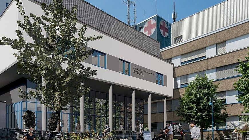 Visualisierung des geplanten Hybrid-OPs am St. Vincenz-Krankenhaus Limburg mit moderner Architektur und Anbindung an den Haupteingang