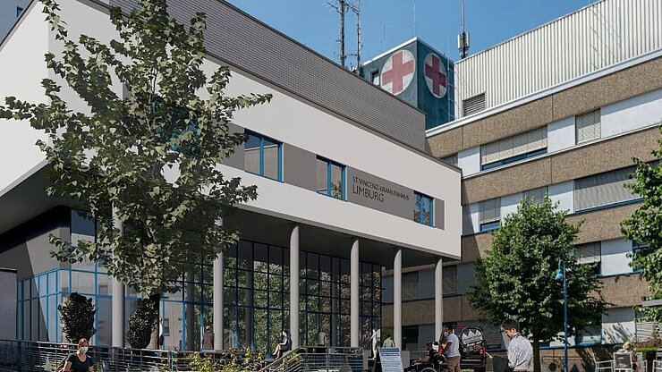 Visualisierung des geplanten Hybrid-OPs am St. Vincenz-Krankenhaus Limburg mit moderner Architektur und Anbindung an den Haupteingang